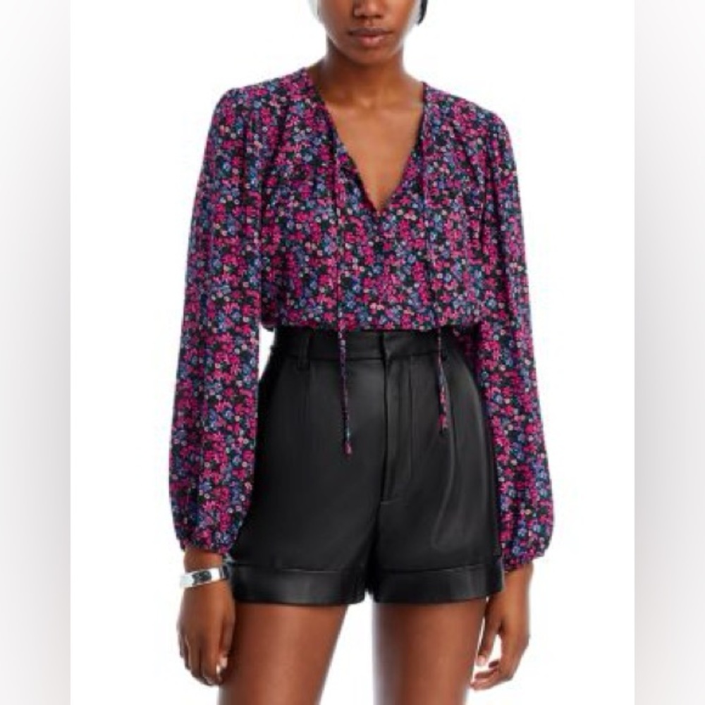 Aqua Floral Print Tie Front Blouse Women S Purple Peasant Cottagecore Whimsical